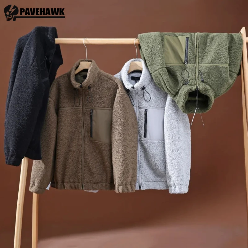 Imitation Lamb Wool Warm Mens Jacket Pocket Color Blocking Stand Collar Coat Zipper Drawstring Windbreak Unisex Loose Outwear