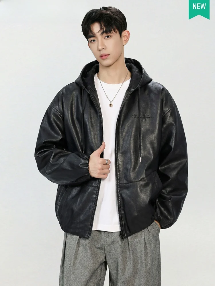 

American Sle Men's Spring Thin PU Leather Jaet with Hood High Street Cool Couple Loose Motorcycle Jaet Faionable Urba...