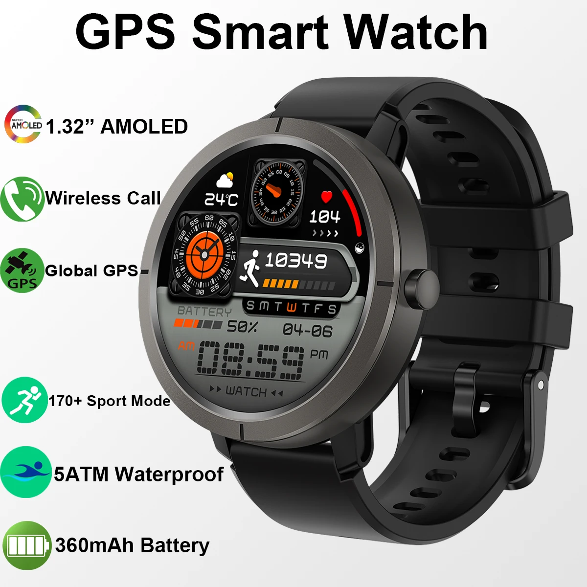 

GPS Smart Watch 1.32” HD AMOLED Display Built-in GPS Bluetooth Phone Calls Sports Smartwatch for Men Smart Accessory 5ATM