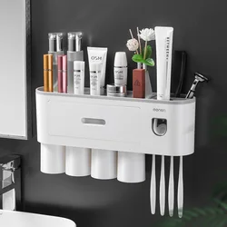 Toothbrush Holder Double Automatic Toothpaste Dispenser Magnetic Adsorption Inverted Cup Storage Rack Bathroom Accessories