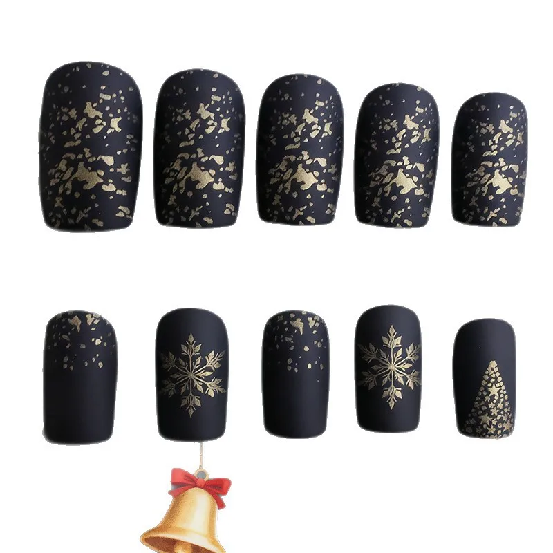 

2026 New Minimalist Nail Art: Simple and Stylish Gold Snowflake Christmas Tree Medium-Length Wearable Nail Tips
