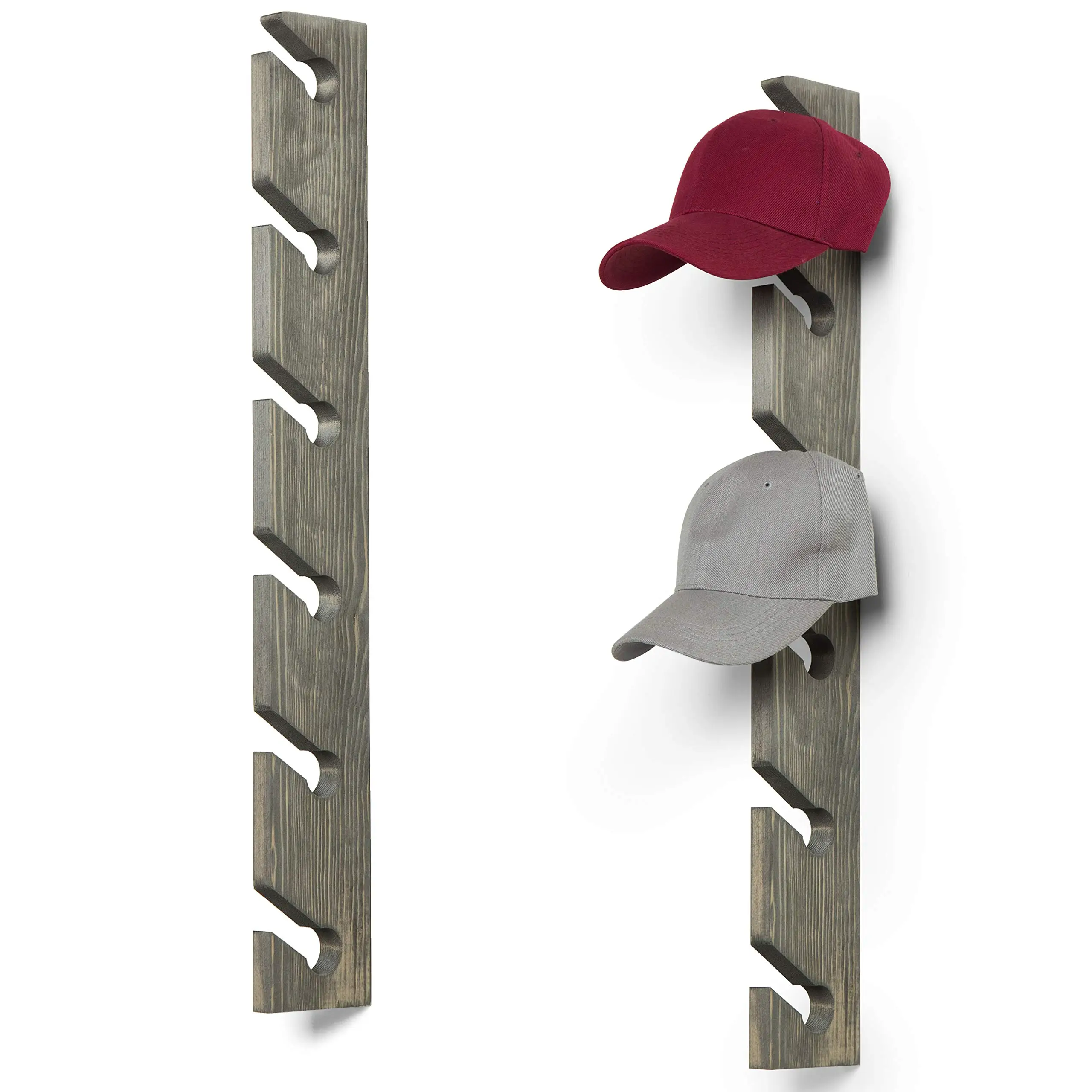 

Vertical Wooden Wall Hat Rack With Six Slots For Baseball Caps, 30 Inch Gray Vintage Style Organizer