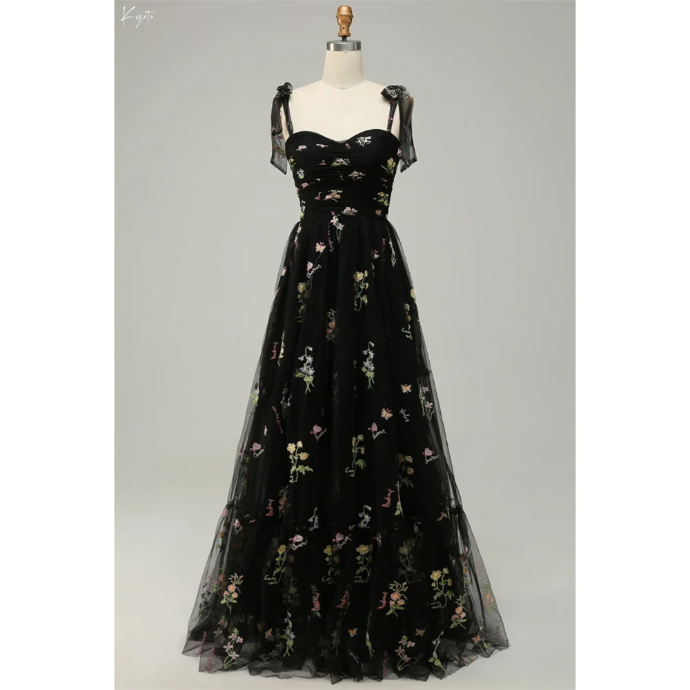 

Kyoto Customized Black Floral Print A-line Wedding Dress Bow Straps Floor-length vestidos de novia Zip Back Formal Evening 2025