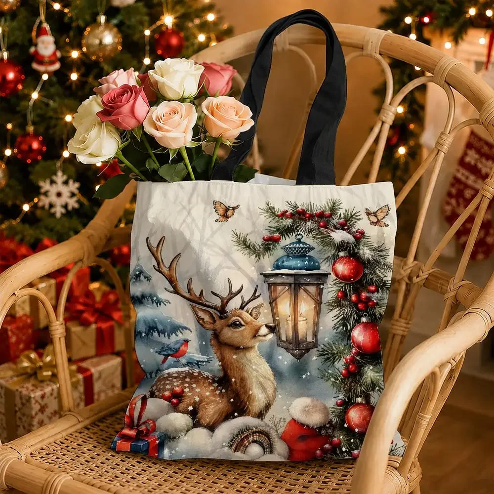 Christmas Tree Deer Snowflake Storage Bags Canvas Tote Bag Double-Sided Print Durable Shoulder Handbag for Festival Party Gift