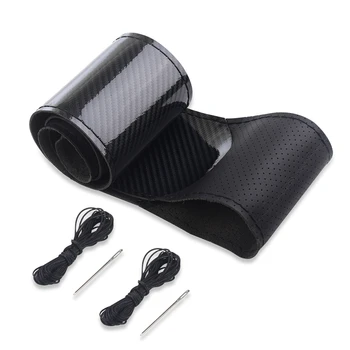 탄소 섬유 자동차 핸들 커버 DIY 핸드 스티치 PU 가죽 보호기 Braiding 커버 38 cm