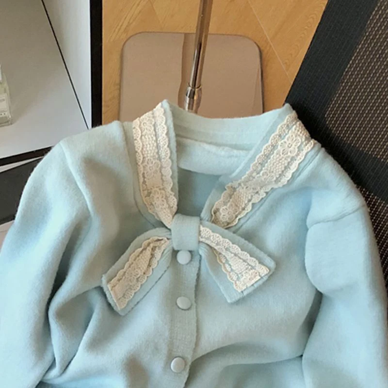 Sweet Bow Knitted Cardigan Women Lace Patchwork Button Chic Gentle Sweater Spring Autumn Female Long Sleeve Casual New Outwear