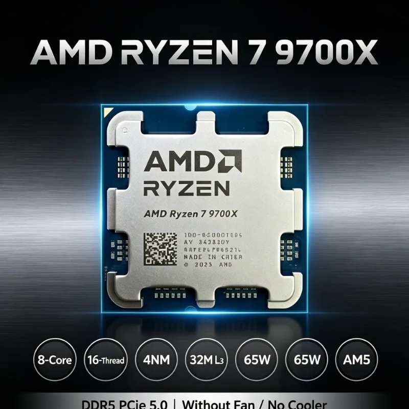 Ryzen 7 9700X Processor For Socket AM5 8‑Core 16‑Thread 4NM 32MB L3 Cache 3.8GHz 65W DDR5 PCIe5.0 No Cooling Fan