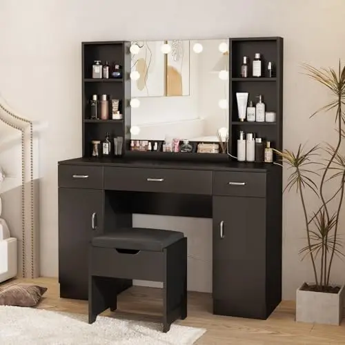 Makeup Vanity Desk with Lighted Mirror, 3 Lighting Colors, Large Black Vanity Table Set with Storage Stool, 3 Drawers