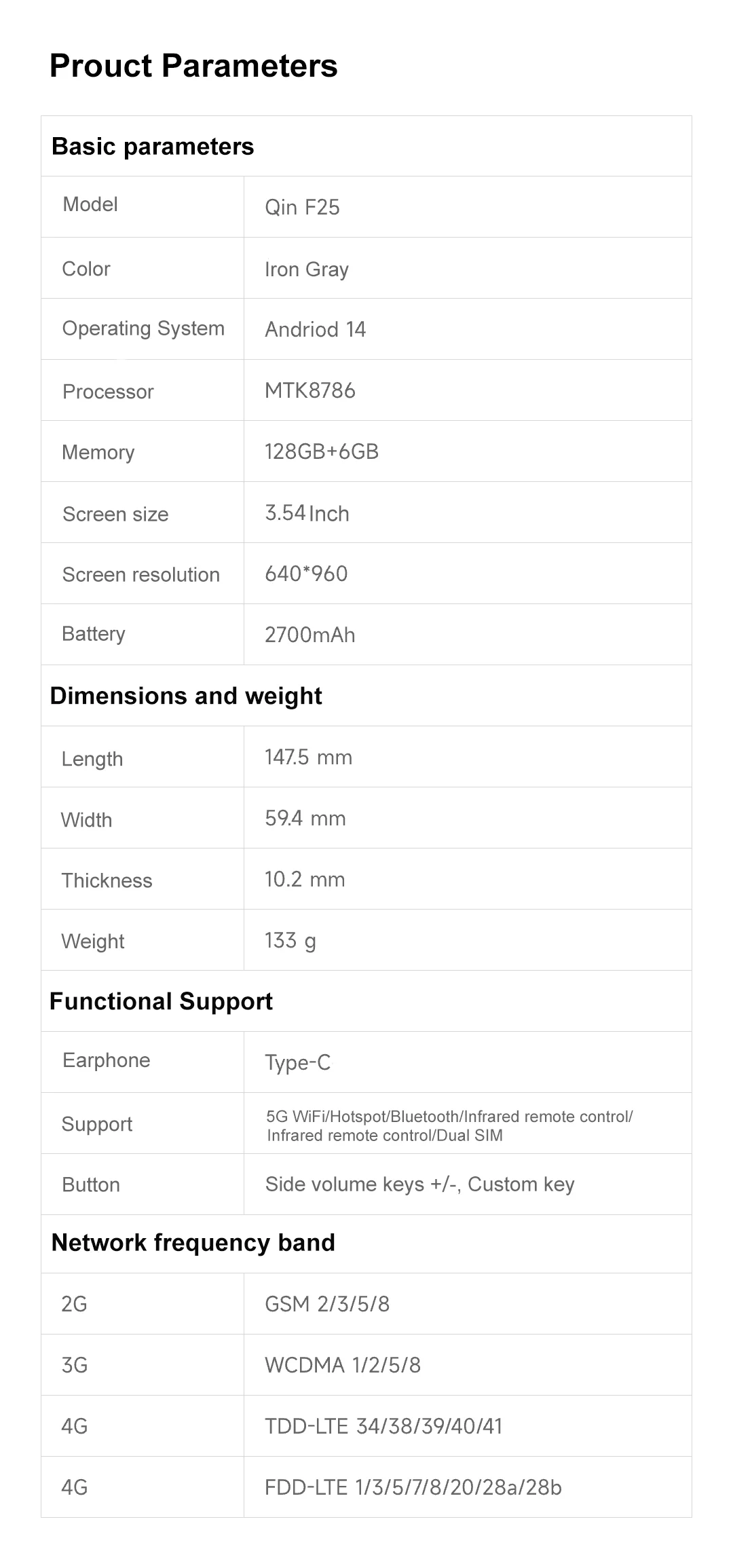 Qin F25 MTK8786 Not Unlock Google Play Android 14 Dual SIM Cards 6GB+128GB 2700mAh WIFI Bluetooth Touch 3.54Inch Screen
