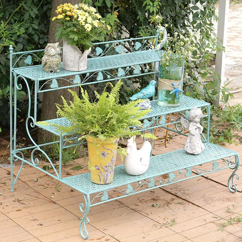 Metal wrought iron trapezoidal flower stand, pastoral retro color stepped display plant flower shelf