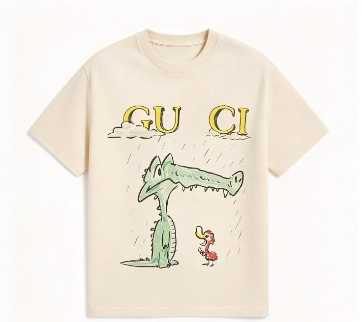 2026 new Men Hand Drawn Animal Cartoon Graphic T Shirt Crew Neck Short Sleeve Cream Tees as a gift