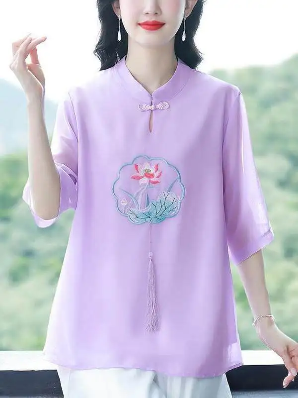 

New Chinese Style Summer Loose Fit Mommy Shirt Embroidered Button up Chiffon Top Half Sleeve for Middle-Aged And Elderly Women