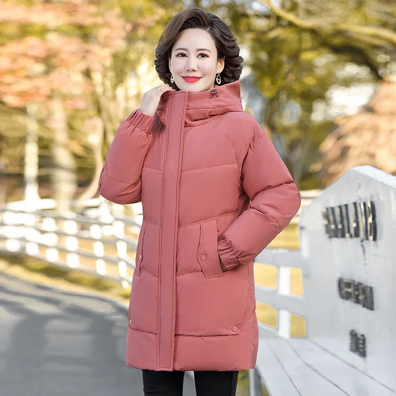 Veste d'hiver rembourrée en coton à capuche, parka épaisse en polaire de couleur unie, pardessus chaud et ample, manteau de neige pour grand-mère d'âge moyen et grand-mère