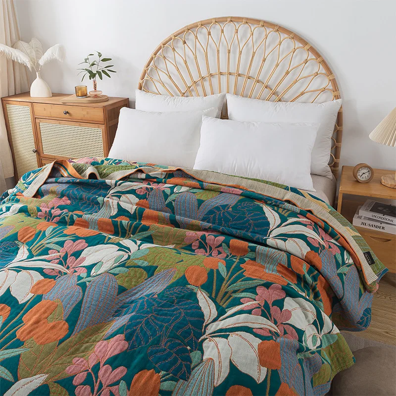 Cotton Gauze Blanket 4 Layer Of Terry Quilts AB Side Tulip Pattern Bedspreads And Coverlet Single Double Bed Cover Quilit Sheet