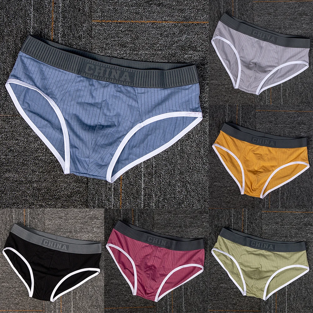 Men Cotton Briefs Thread Intimate Underwear Middle Rise Panties Soft Comfortable Underpants Casual Short Trunks Solid Swimwear