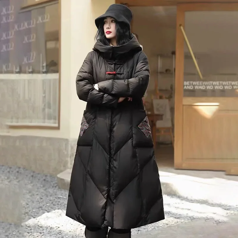Winter New Women's Down Jacket Commuting Splicing Retro Ethnic Style Slimming Hooded Down Jacket