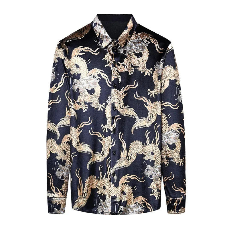 Gold velvet shirt men's long-sleeved tops casual dragon print outerwear autumn and winter style