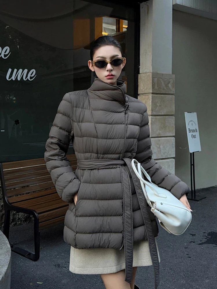 Winter Waterproof White Duck Down Outwears Women Pork Rib Style Mid-length Down Jacket Female Warm Lace Up Lapel Down Jacket