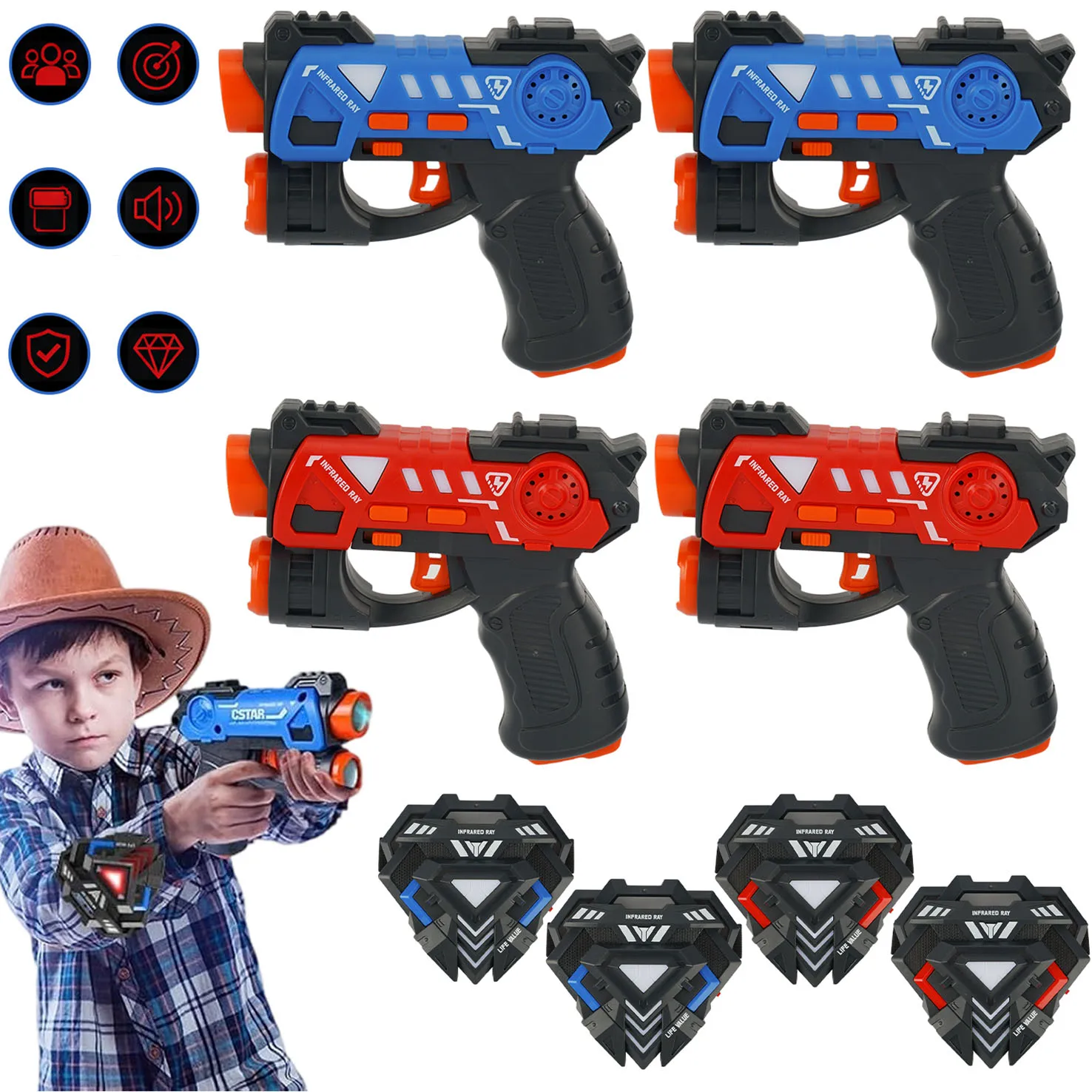 Set di pistole per laser tag, mini laser tag a infrarossi per bambini, con 4 distintivi, gioco di laser tag per quattro giocatori, da utilizzare in ambienti interni ed esterni, blaster per laser tag,