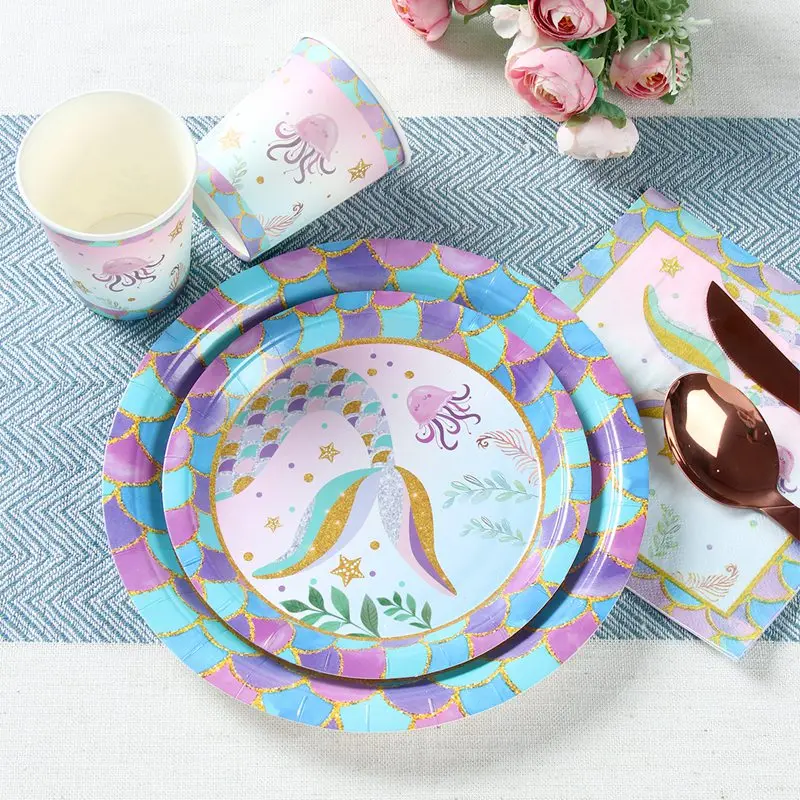 Little Mermaid Party Disposable Tableware Set Paper Plate Cup for Girl Kids Mermaid Birthday Decoration Supplies Under the sea