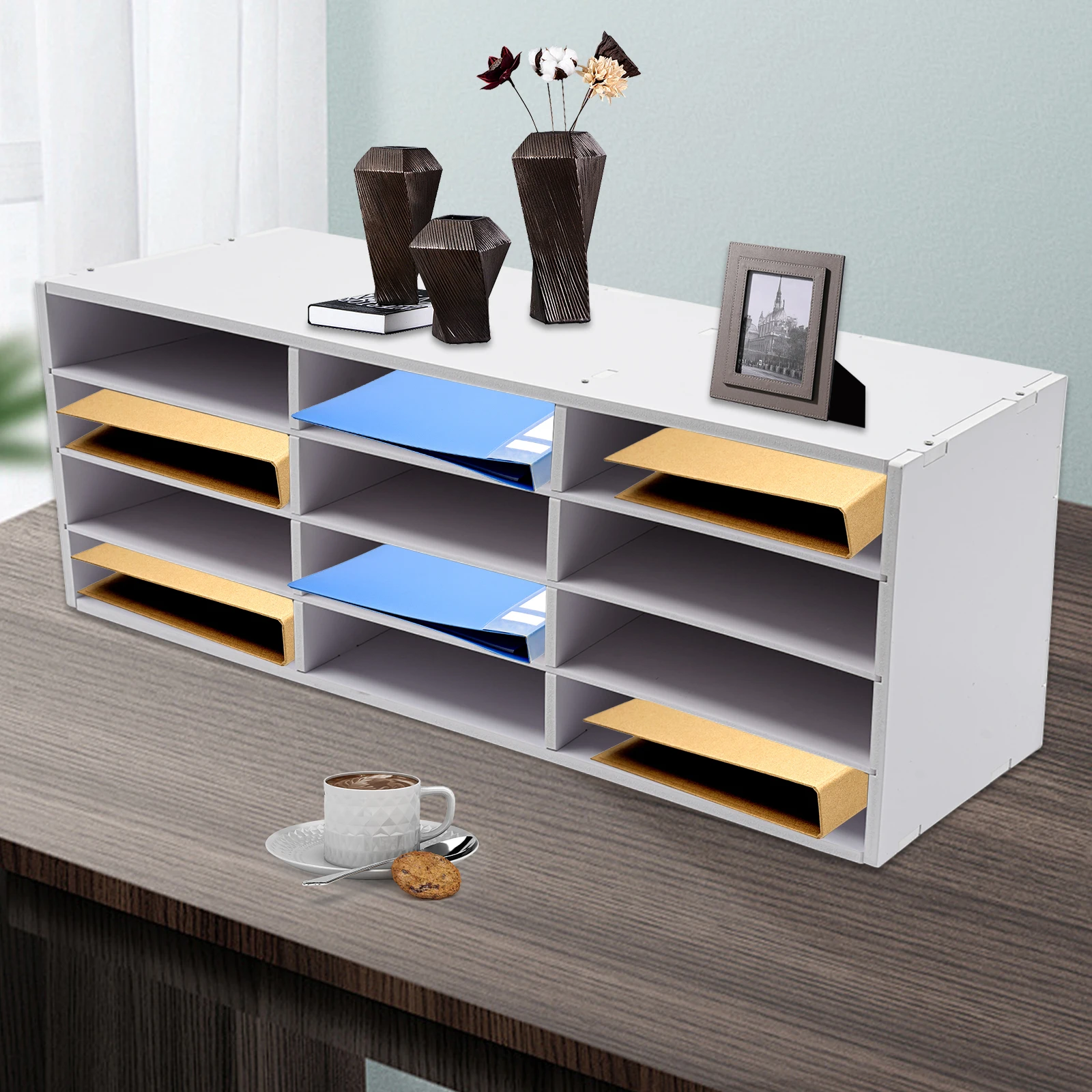 

Literature Organizer|Desktop File Organizer 12 Slots 4x3 Grid| PVC Document Mail Tray for Office Home