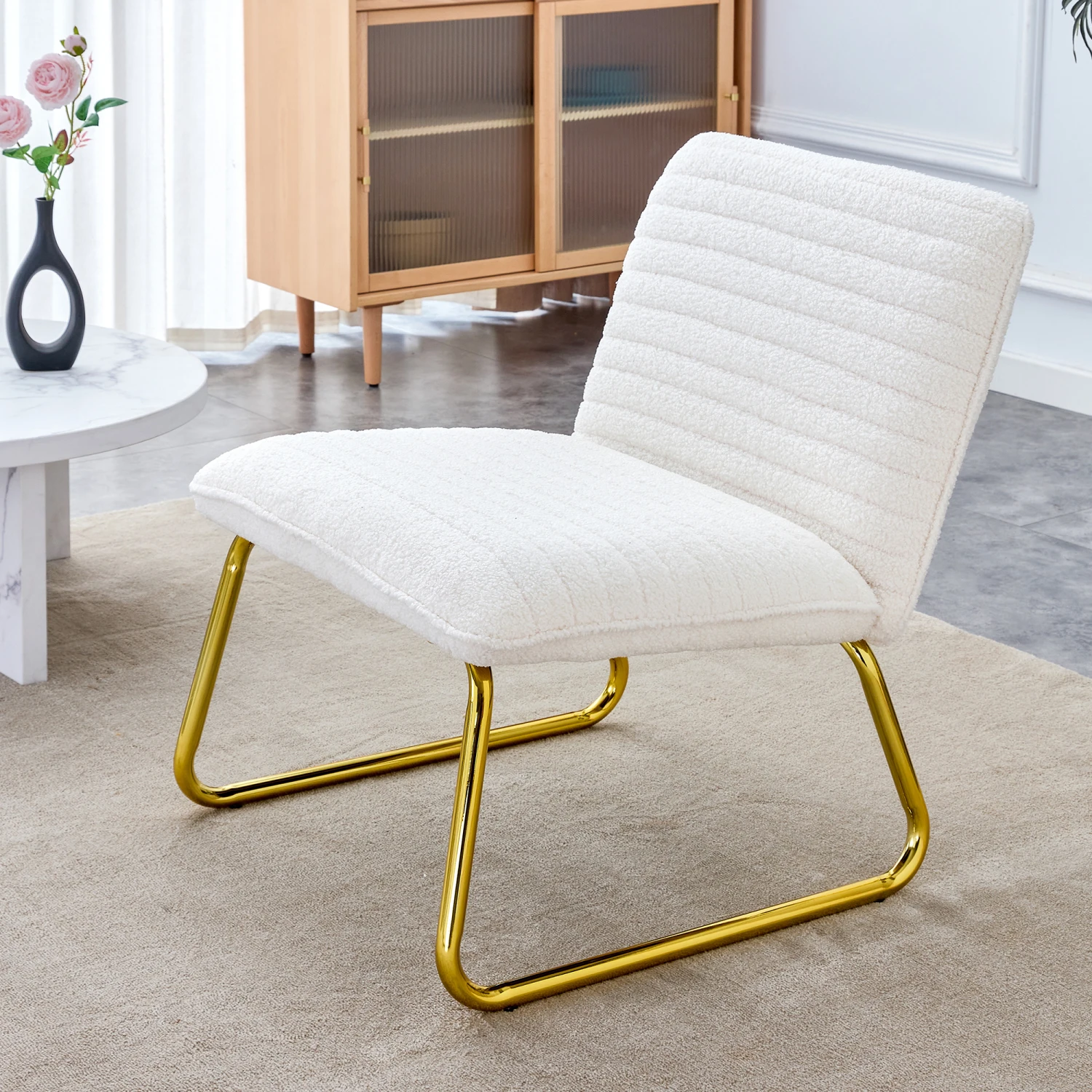 

White Armless Sofa Chair with Plush Cushion & Backrest, Golden Metal Legs - Perfect for Offices, Restaurants, Kitchens, Bedrooms