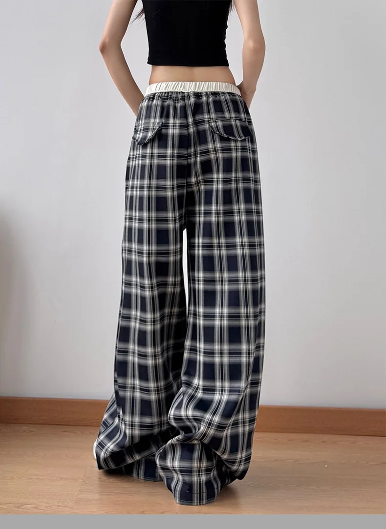 سراويل كسول ريترو ستريت منقوشة للنساء 2025 سراويل غير رسمية منقوشة جديدة فضفاضة مستقيمة باللونين الأبيض والأسود