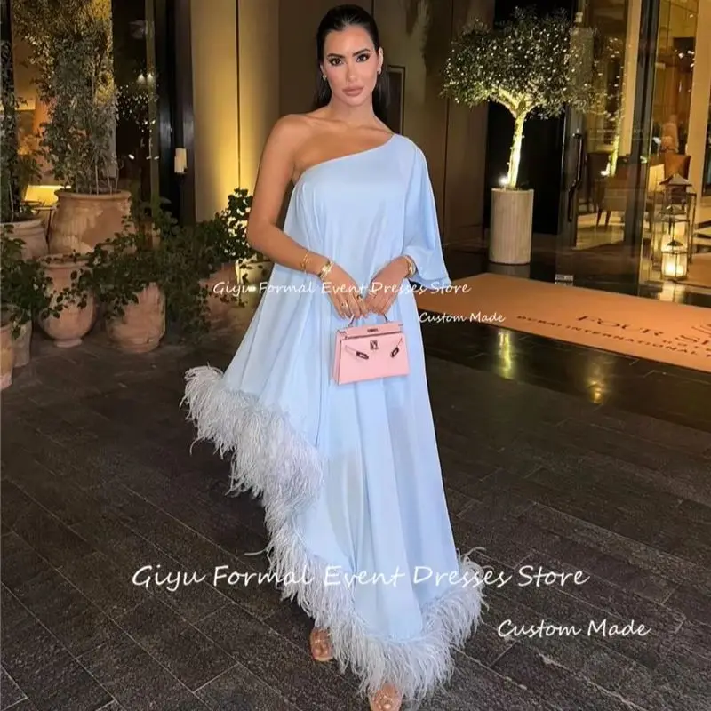 

Giyu Elegant Light blue Straight Evening Dresses Dubai Arabic Women 7PCS Feathers Sleeves Formal Occasion Dress Prom Plus Size