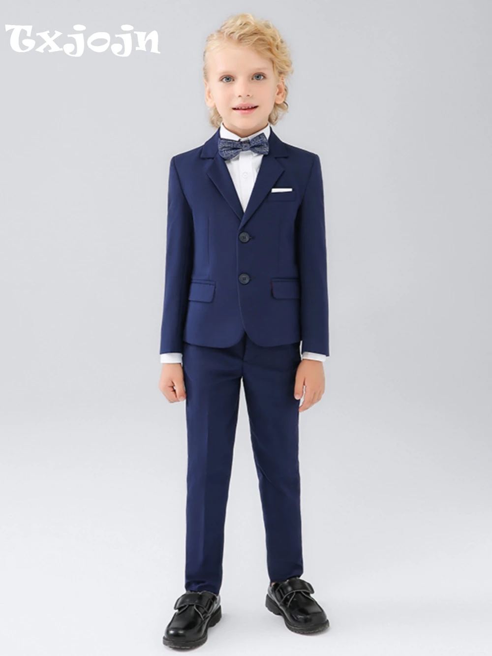 

Navy Blue Boys Slim Fit Suits 4 Pieces Birthday Party Outfit Notched Lapel Children's Formal Suit Set Host Costumes 110-170cm