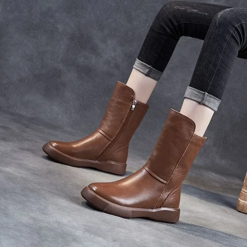 

Retro Flat Round Toe Half High Boots for Women Chic and Elegant on Promotion Large Size Warm Gyaru Footwear Mid Calf Shoes Woman