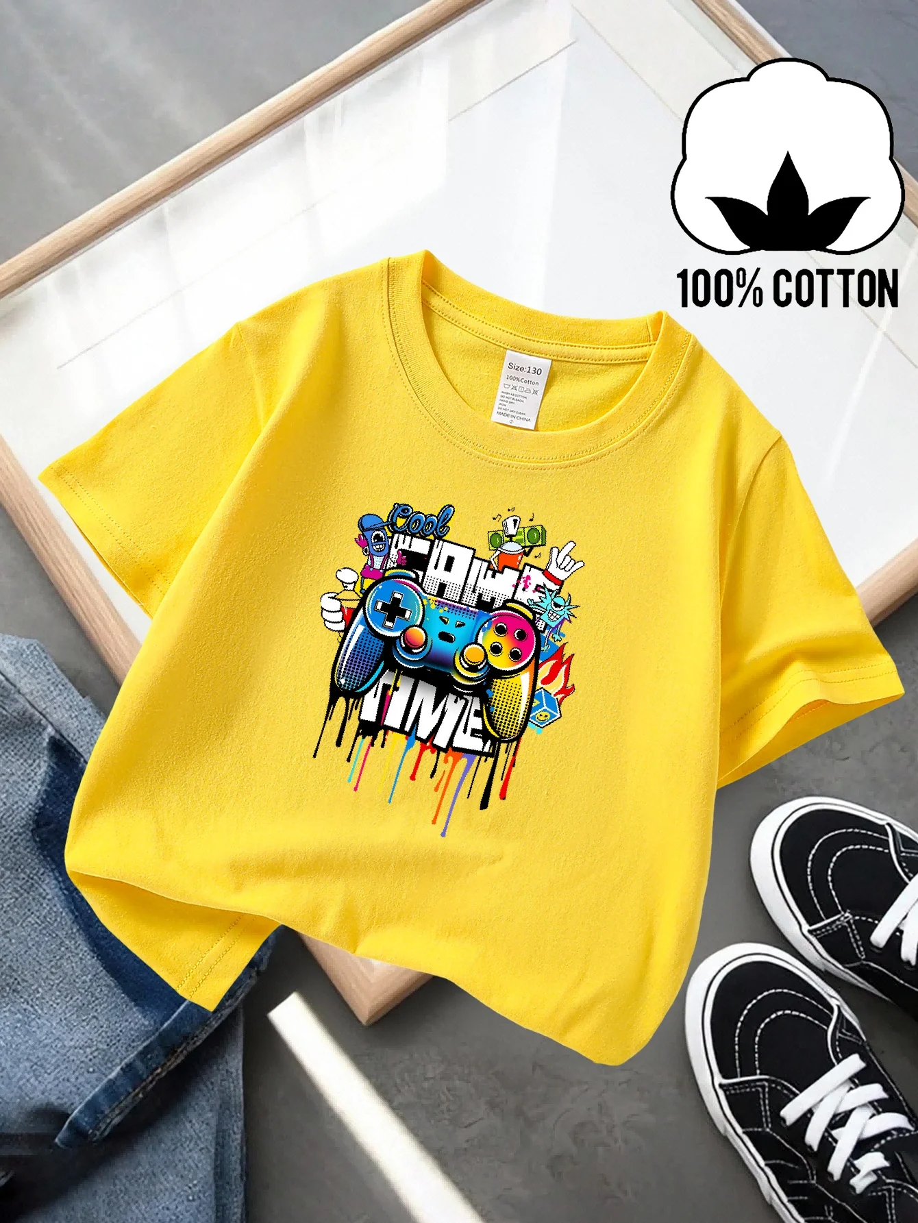 

Summer Children's Fashionable Casual Short Sleeved T-shirt Cool Game Controller Art Design Pattern Round Neck Parent-child Top