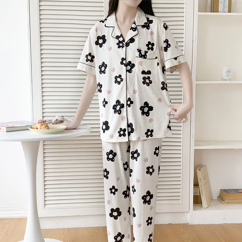 Cotton Short Sleeve Pants Floral Print Woman Satin Pajama Sets Ensembles 2 Piece Lady Outfit Lounge Women Pijama Sleepwear Pj