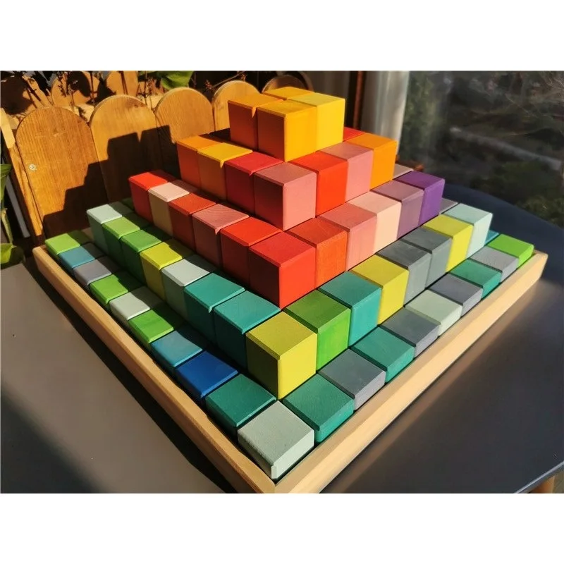 100pcs Large Wooden Building Toys Basswood Rainbow Pyramid Stacking Blocks for Kids Creative Play