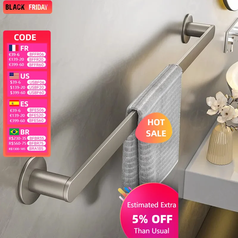 Bathroom Non-punching Wall-mounted Space Aluminum Towel Rack, Towel Bar, Kitchen and Bathroom Pendant Single Rod Hanging Rod