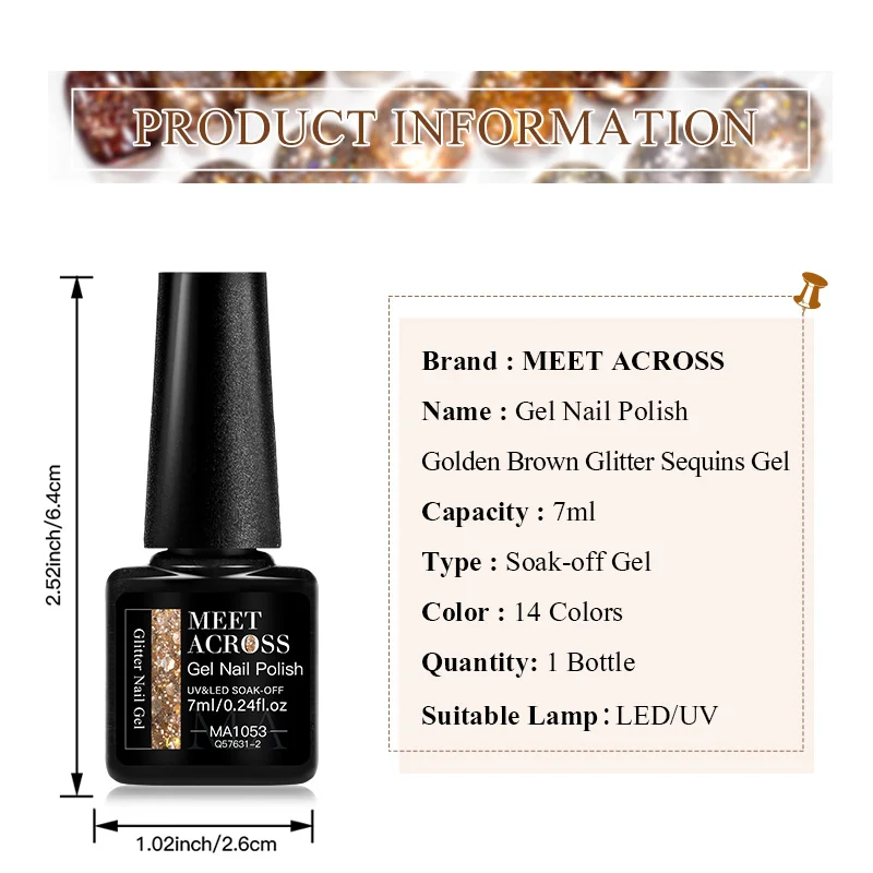 7ml Złoto-brązowy brokatowy lakier hybrydowy do paznokci, półtrwały, zdejmowany, utwardzany światłem UV/LED, lakier do manicure, artykuły do samodzielnego zdobienia paznokci
