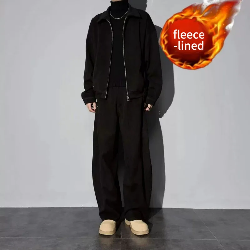 Light luxury autumn and winter new jacket casual pants two-piece set for men's fashion, simple and thickened collar set