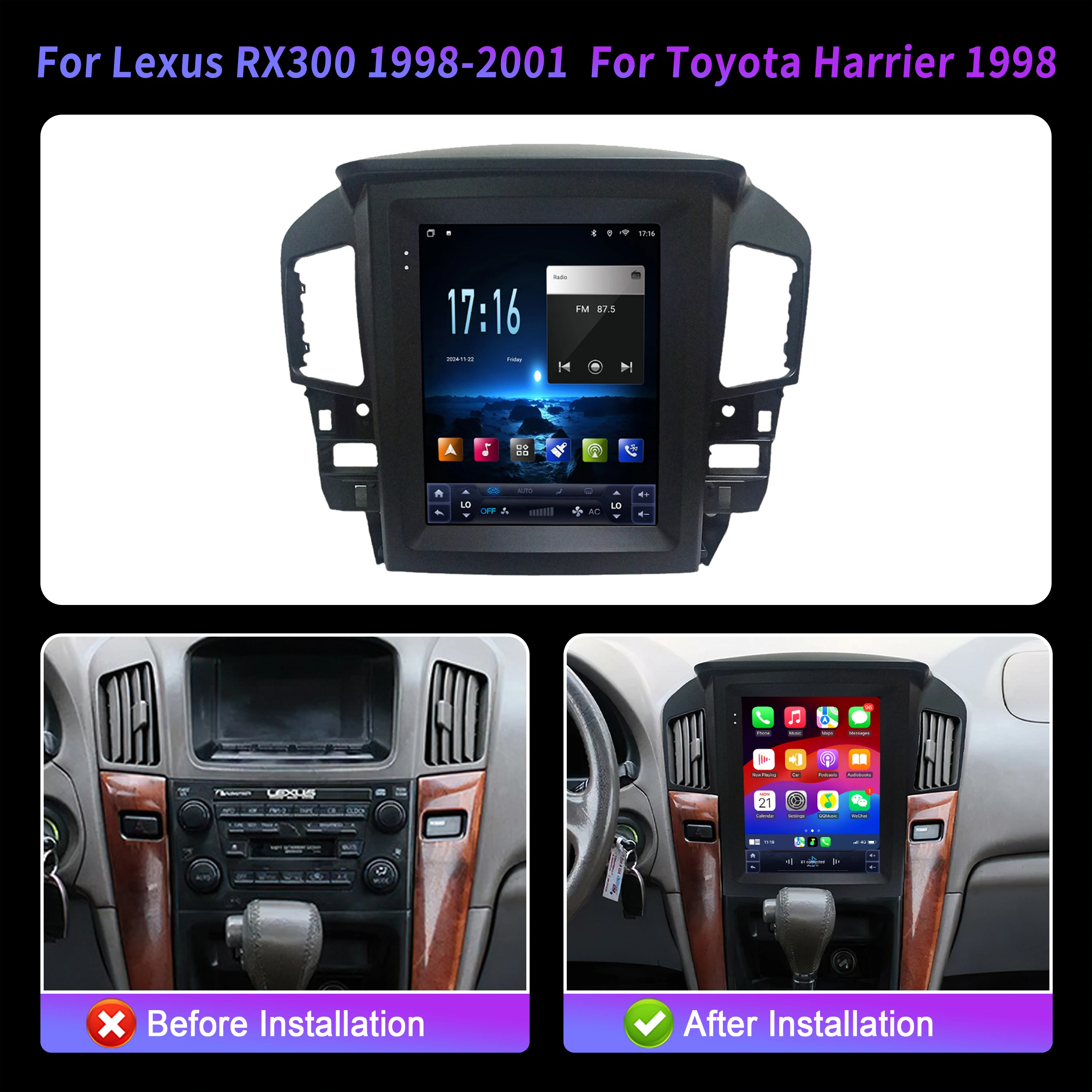 9.7″ For Lexus RX300 1998-2001 For Toyota Harrier 1998 Car Radio Multimedia Video Player Navigation Android 14 QLED screen