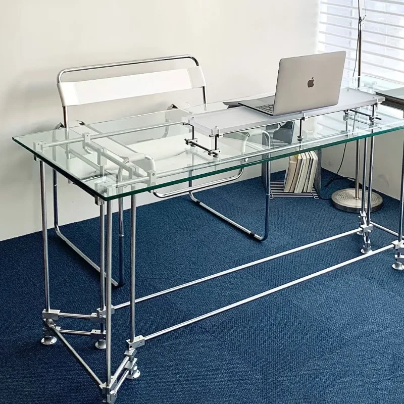 Bauhaus metal tempered glass table, computer table optical axis transparent glass writing desk desk