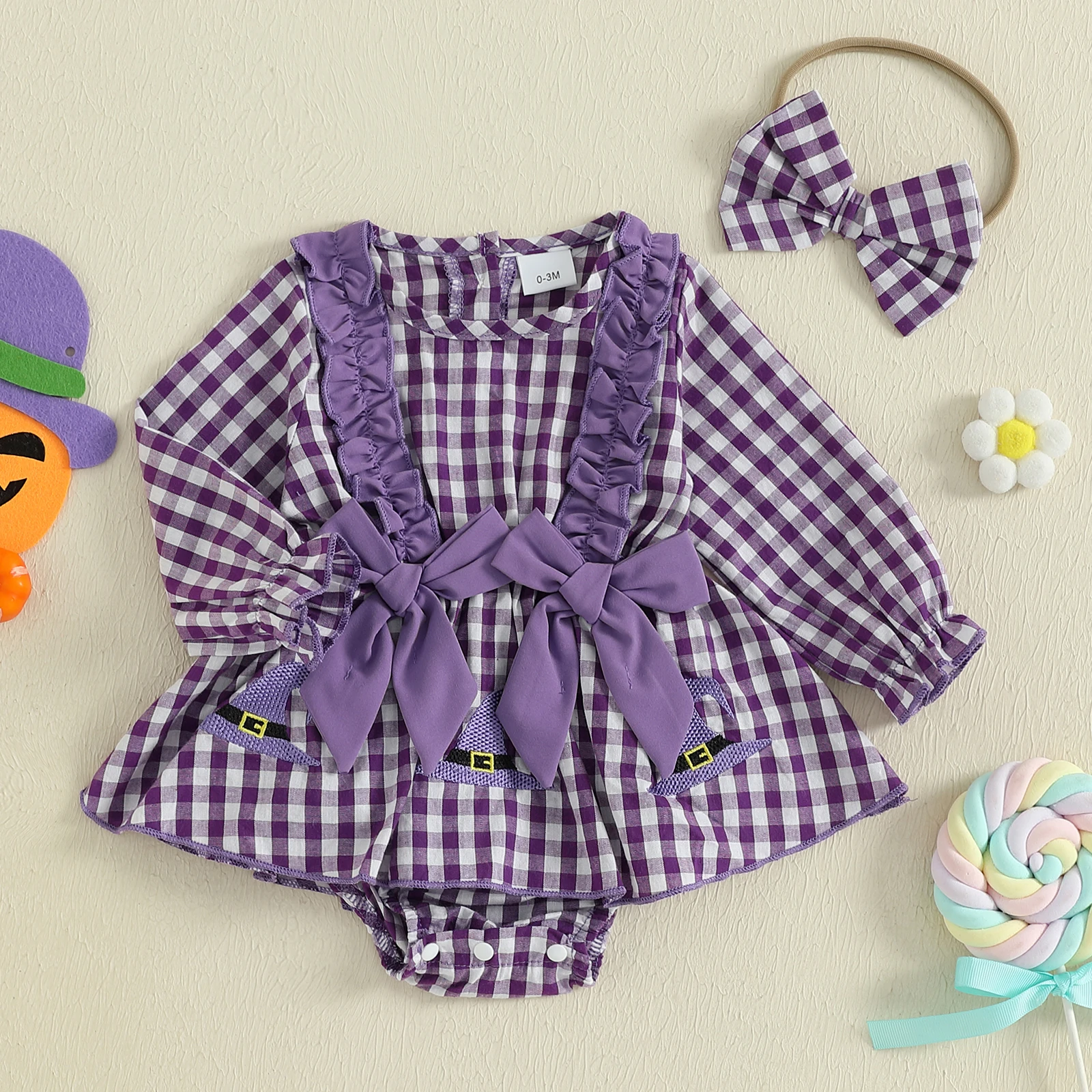 

Lioraitiin Baby Girl Halloween Outfit Plaid Witch Hat Embroidery Long Sleeve Romper Dress and Bow Headband 2Pcs Set