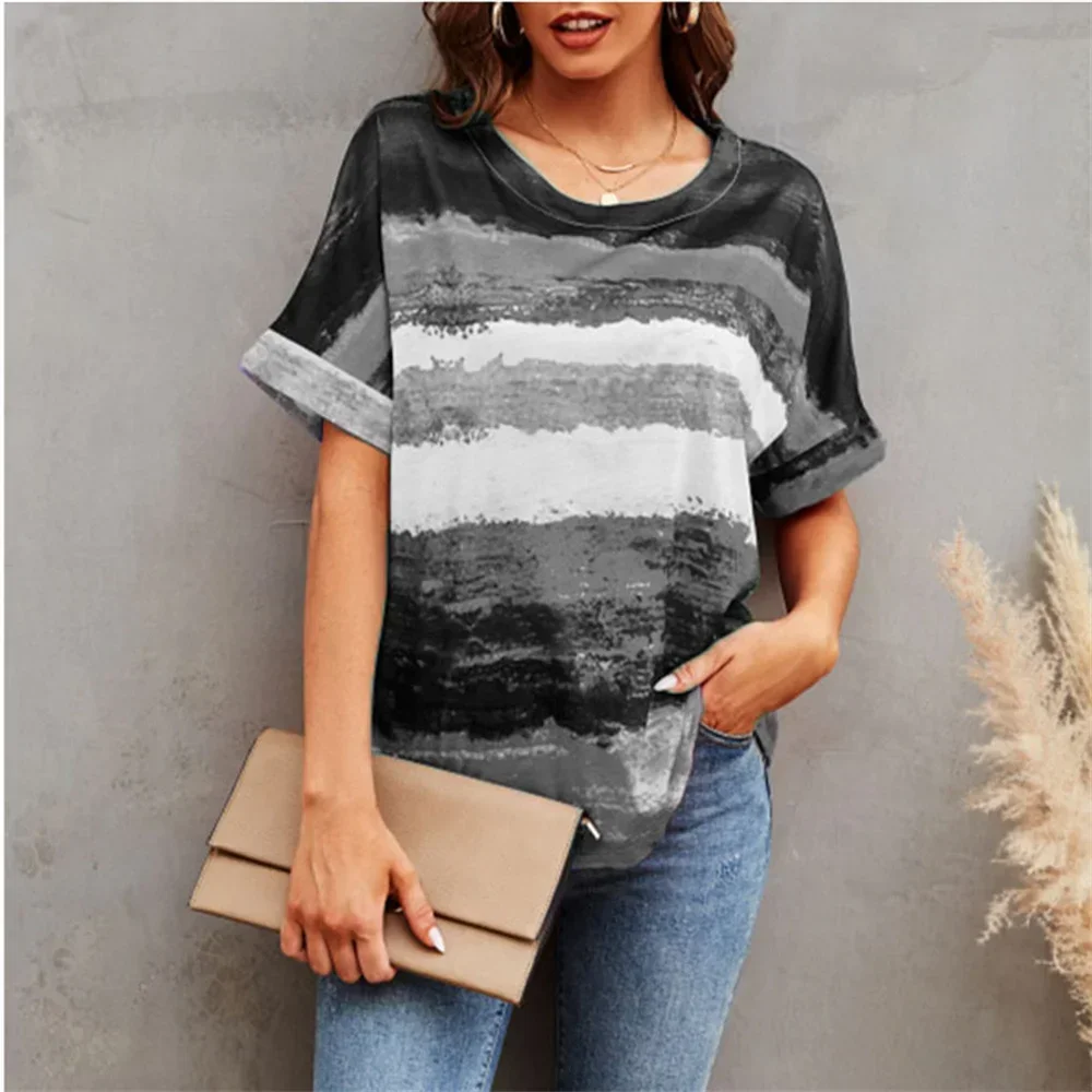 

Summer Short Sleeve O-Neck Women T-Shirt Lady Striped Gradient Print Tops Female Large Size Casual High Street T-Shirt Pullovers