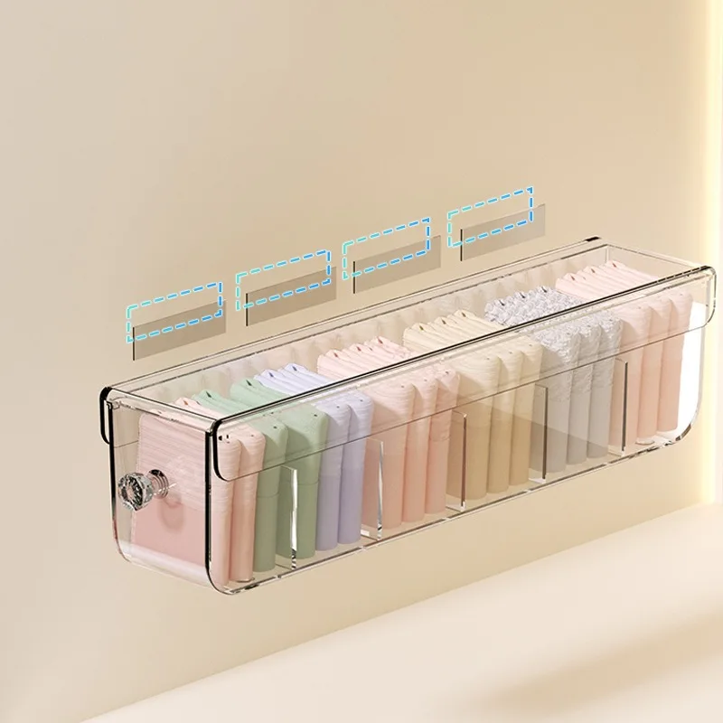 Wall Mounted Self Adhesive Underwear Storage Box Large Capacity Transparent Socks Underwear Drawers Dividers Organizer