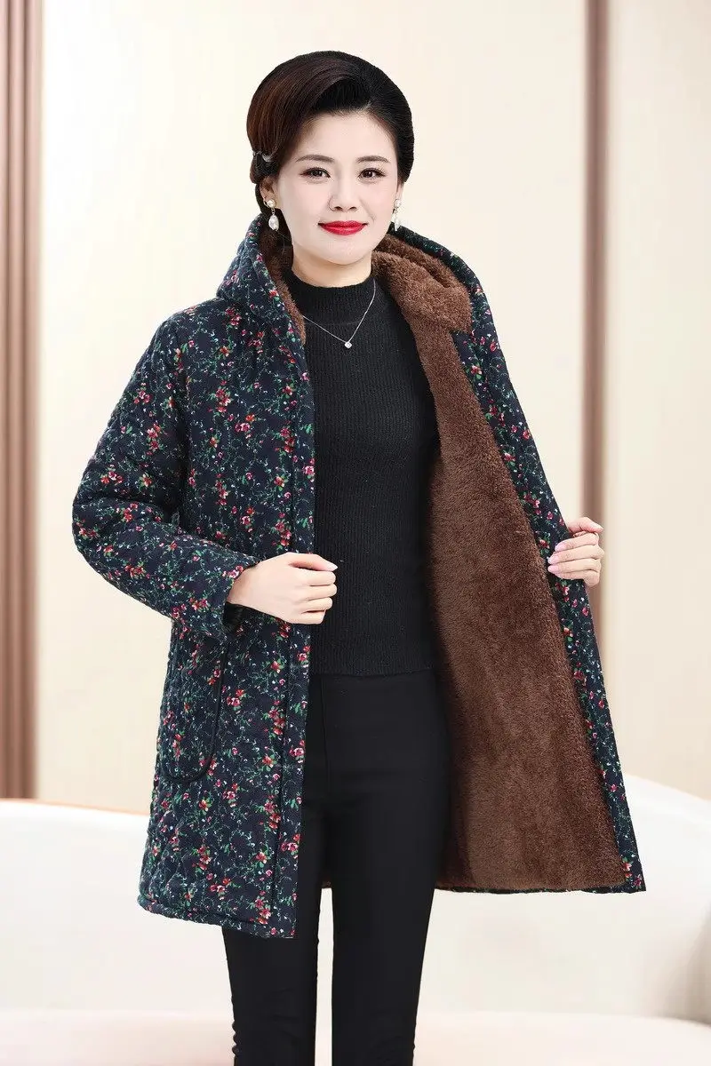 Fleece Jacket For Women Floral Cotton Coat Middle-Aged And Elderly Mothers Thick Medium Length Hooded Winter Outerwear Z4744