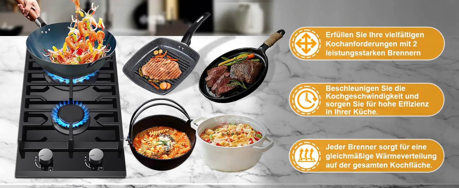 EU-zertifiziertes 2-Flammen-Gaskochfeld 30 cm aus gehärtetem Glas | Eingebautes Gusseisen-Regal, Dual-Fuel (NG/LPG), 5200W, Flammenausfallschutz, Schwarz – Detail 7