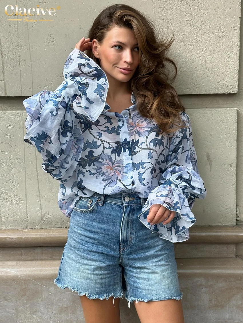 Clacive moda solta impressão camisa feminina 2025 casual lapela manga longa blusa senhoras elegante clássico topo roupas femininas