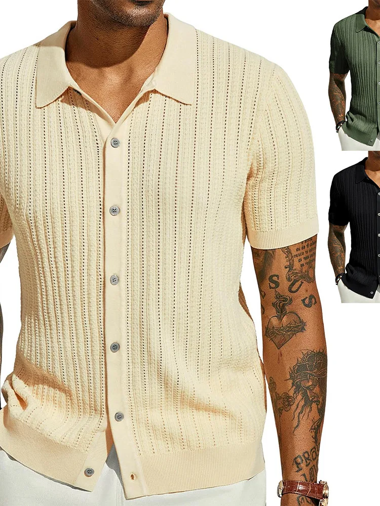 

Мужская повседневная трикотажная футболка с отложным воротником, дышащая, легкая, летняя, однотонная, с ажурным дизайном