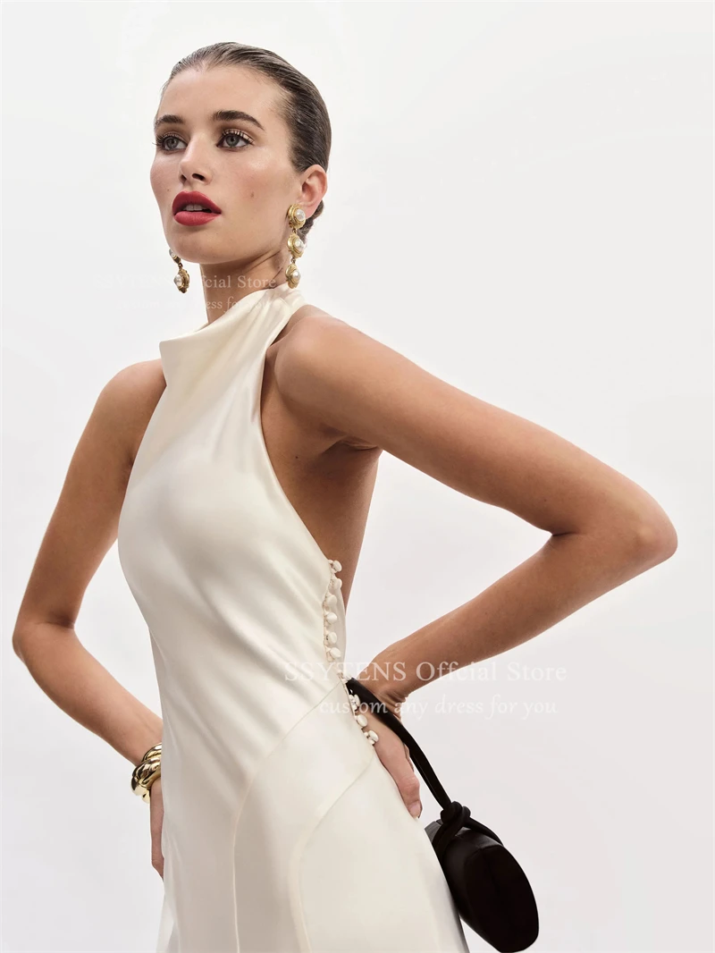 SSYTENS Abiti da sposa sexy in raso di seta senza schienale Collo alto Abiti da sposa semplici da spiaggia personalizzati da donna Abiti da festa formali bianchi