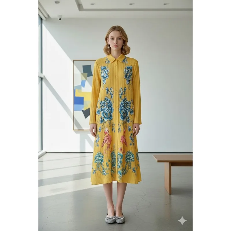 

Miyake плиссированное однобортное платье 2026, весна-осень, большой размер, свободный кардиган, плащ с лацканами и принтом, весеннее платье Jitterbug