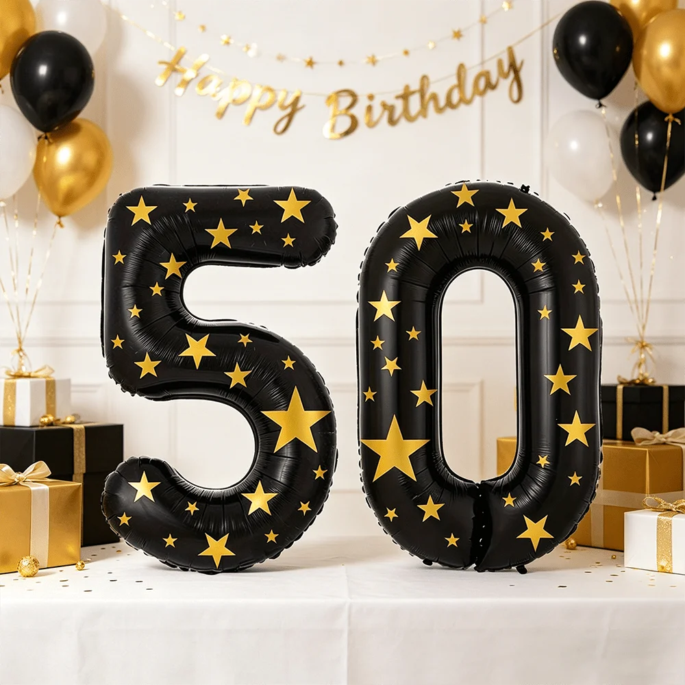 32inch Black Digital 50 Aluminum Foil Balloon With Gold Star Sticker Birthday And Anniversary Party Decoration DIY Balloons