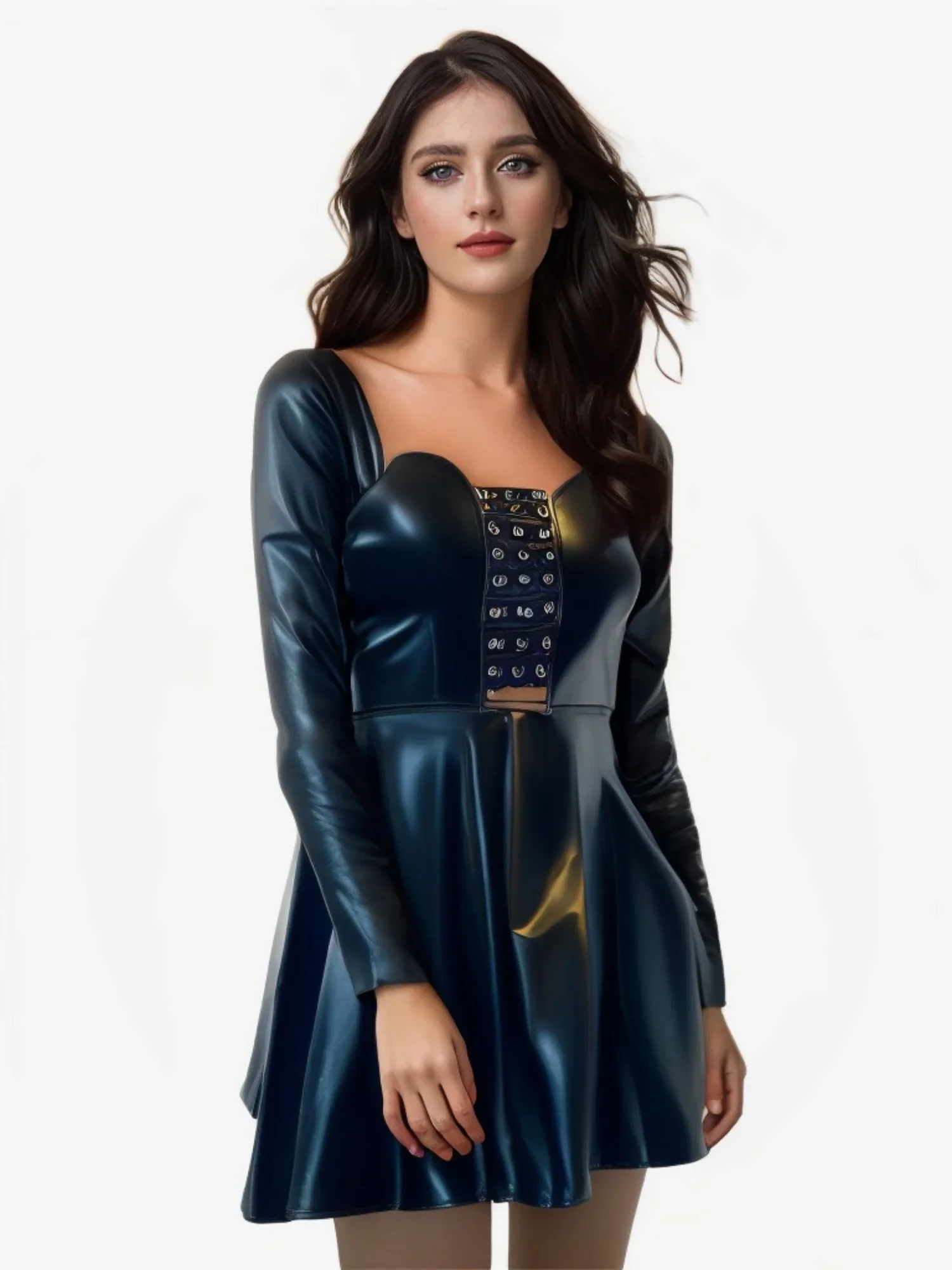 Women Clothing Sexy Steampunk Wetlook Leather Corset Dress With Rocky Eyeletes Black Long Sleeve Night Corsets Overbust