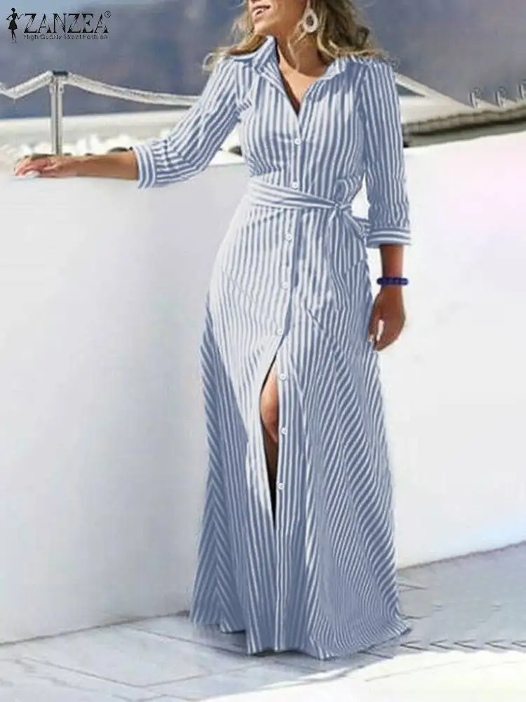 2024 ZANZEA autunno risvolto collo manica lunga lavoro prendisole moda donna camicia a righe Robe Femme elegante partito Vestido caftano